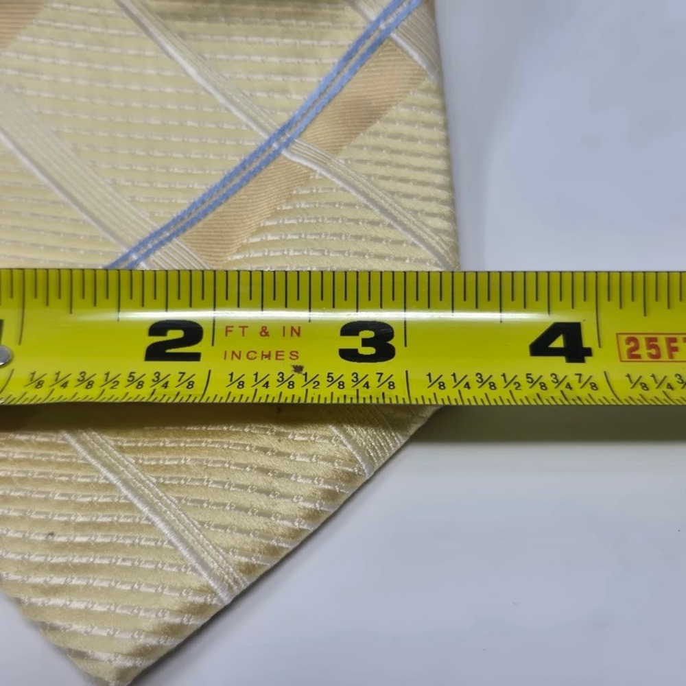 Mens Silk Necktie Yellow Plaid Check Blue Tan Textured Woven Formal Business Tie - Picture 2 of 4
